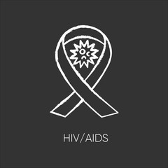 HIV, AIDS chalk white icon on black background. Human immunodeficiency virus, acquired immune deficiency syndrome. Awareness ribbon and viral cell isolated vector chalkboard illustration