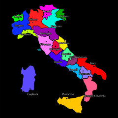 Map of Italy bright graphic illustration. Handmade drawing with map. Italy map with Italian major cities and regions. Colorful bright illustration