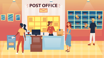 Post Office, Postage, Mail Delivery Service Concept. Girl Putting Letter Into Mailbox, Man Putting Letter Into PO Box, Woman Weighs Parcel on Scales on Reception Desk. Cartoon Flat Vector Illustration