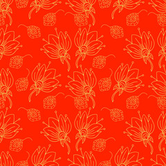 Fototapeta na wymiar Yellow flower on scarlet background floral seamless pattern. Design element for textile, fabrics, scrapbooking, wrapping, wallpaper, print design.