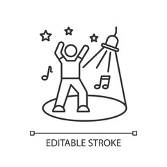 Discotheque pixel perfect linear icon. Thin line customizable illustration. Night club recreation contour symbol. Young clubber on dance floor vector isolated outline drawing. Editable stroke