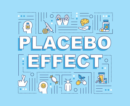 Placebo effect word concepts banner. Fake treatment. Belief influence. Infographics with linear icons on baby blue background. Isolated typography. Vector outline RGB color illustration