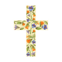 Watercolor floral cross is the perfect design for Easter, baptism, first Communion. Floral illustration in watercolor. Happy Easter pattern. Vector,