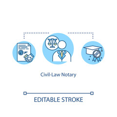 Civil-law notary concept icon. Official certificate. Barrister help. Advocate support. Notary service idea thin line illustration. Vector isolated outline RGB color drawing. Editable stroke