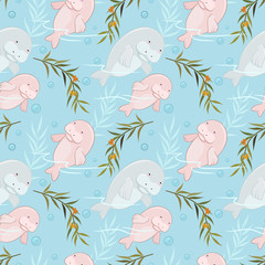 Sea cow or Dugongs mother and baby in water seamless pattern.