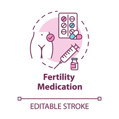 Fertility medication concept icon. Gynecology treatment. Pills and drugs. Reproductive technology idea thin line illustration. Vector isolated outline RGB color drawing. Editable stroke