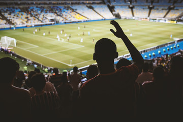 Football fans support team on crowded soccer stadium. - obrazy, fototapety, plakaty