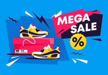 Vector illustration of an advertising banner template about mega sale of a sports pair of sneakers in a packing box