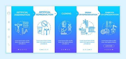 Reproductive technology onboarding vector template. Artificial insemination. Infertility treatment. Responsive mobile website with icons. Webpage walkthrough step screens. RGB color concept