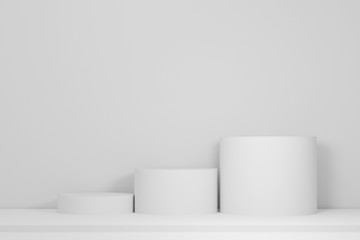 3d illustration with geometric four step white cylinder podium platform for cosmetic product presentation.Mock up design empty space. Abstract composition in pastel background modern style