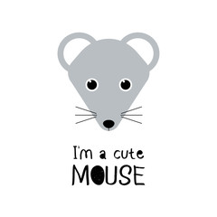 Cute mouse. Cartoon animal face. Vector funny illustration for kids t-shirt print design, poster, gift card