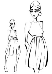 Fototapeta premium Fashion sketch of fashion design art in a dress with a short skirt. Fashion model hand drawn black ink lines pose isolated clothing. Drawing line fashionable black ink art