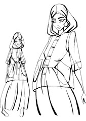Fashion sketch of fashion design art in a long jacket with a hood on the girl’s head. Fashion model hand drawn black ink lines pose isolated clothing. Drawing line fashionable black ink art