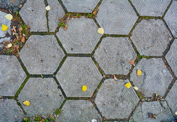Old damaged hexagonal stone block pavement
