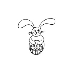Black-white Easter doodle bunny with a basket of eggs. Hand-drawn linear illustration for the design of holidays, cards, logos, children's rooms.