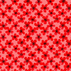 Watercolor and ink illustration of red flowers. Sumi-e, u-sin painting. Seamless pattern.