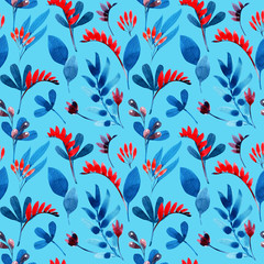 Seamless pattern with leaves and berries on blue background. Watercolor illustration.