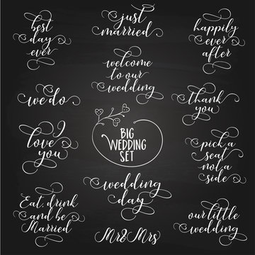 Set Of Wedding Typography Quotes. Vector Creative Sayings Chalkboard Style Wedding Design Elements. Big Set Of Hand Drawn Vintage Typographic Design Elements On Chalkboard