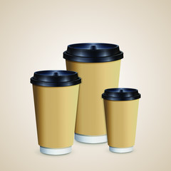 3 coffee cups mockup with brown holder on brown background. Cups of different size. Mock up. Mock-up. Coffee away. Coffee to go. Vector  illustration.