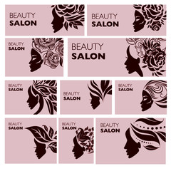Set of vector Illustrations of woman with long hair. Beauty logo. Hair styling