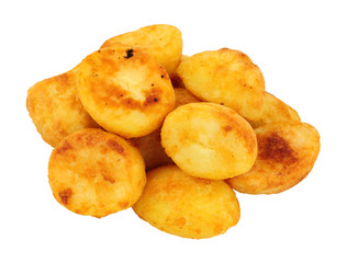 Group of crispy roasted potatoes isolated on a white background