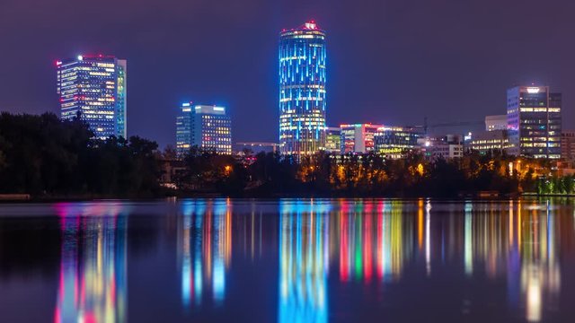 City skyline night time lapse, Bucharest Romania Office buildings at night