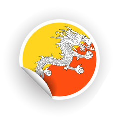 Sticker of Bhutan flag with peel off corner isolated on white background. Paper banner or circle curl label sticker with flip edge. Vector color post note for advertising design