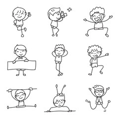 Naklejka premium Hand drawing doodle cartoon character happy boy happiness abstract people vector illustration