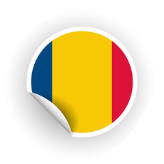Fototapeta premium Sticker of Romania flag with peel off corner isolated on white background. Paper banner or circle curl label sticker with flip edge. Vector color post note for advertising design