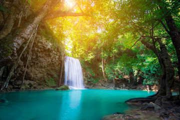 Waterfall in Tropical forest at Erawan waterfall National Park, Thailand	