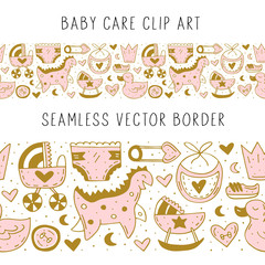 Baby care stuff, clothes, toys cartoon cute hand drawn doodle vector seamless border, pattern, texture, backdrop. Funny colorful design. Isolated on white background. Kids decorative design elements. 