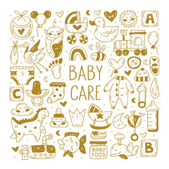 Baby care cute hand drawn doodle vector clip art, stickers, icons, set of design elements. Golden monochrome design. Isolated on white background. Easy to change color. Decorative elements. Nursery. 