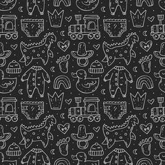 Baby care stuff, clothes, toys cartoon cute hand drawn doodle vector seamless pattern, texture, backdrop. Funny chalk drawings. Isolated on dark background. Kids decorative design elements. Kinder. 