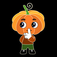 emoji with pumpkin man character shushing  to politely tell people to shut up and be quiet to keep silence, man using finger on mouth gesture to stop ppl talking, simple hand drawn vector emoticon vec