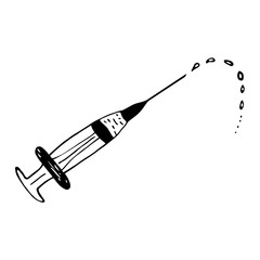 Monochrome linear icon of a disposable medical syringe with a splatters of drug from a needle. Hand-drawn pictogram in doodle style