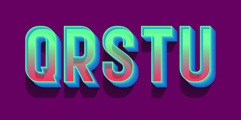Q, R, S, T, U volumetric blue red letters. Urban 3d retro font.