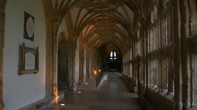 The quiet, atmospheric, arched cloisters in the beautiful medieval cathedral of Wells, in England's smallest city