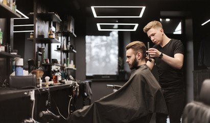 Hands of the pro. Profile photo of a young barber trimming his customer’s hair with an electric shaver and a comb in a barbershop.