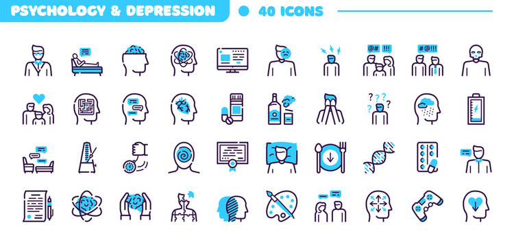 Depression symptoms blue linear vector icons set