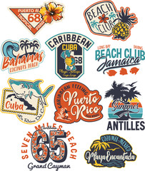 Naklejka premium Cute Caribbean islands graphic labels vector collection for children wear