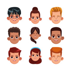 cartoon girls and boys icon set, colorful design