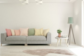 Stylish room in white color with sofa. Scandinavian interior design. 3D illustration