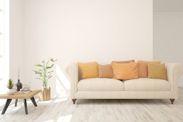 Stylish room in white color with sofa. Scandinavian interior design. 3D illustration