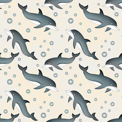 Seamless abstract pattern. Dolphins and bubbles in gray and white.