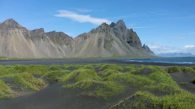 Aerial Tracking Shot Vestrahorn Iceland Mountain Peak