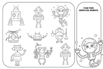 Coloring outline visual puzzle page for preschool kids. Find identical images game. Robots for children. Black and white