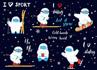 Cute snow yeti winter activities and sport with lettering calligraphy quotes vector set. Happy cartoon yeti skiing, skating, snowboarding, with cup of coffee or tea. Winter holidays - obrazy, fototapety, plakaty