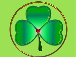 3D Illustration of a green shamrock clover with stem and red heart Saint Patrick's Day