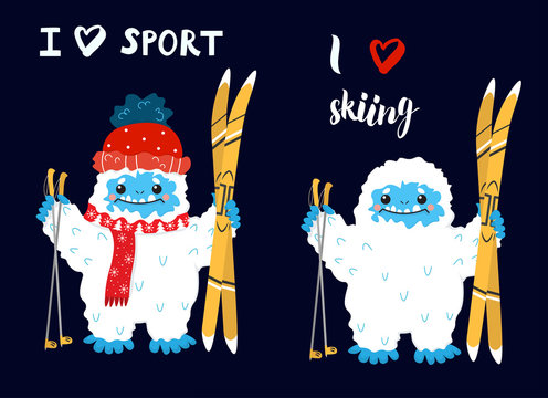 Cute snow yeti holding skis vector set. I love sport and skiing. Happy cartoon yeti with red winter hat and scarf. Winter holidays and activities