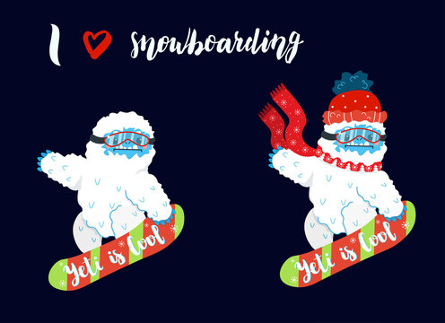 Cute snow yeti snowboarding sport vector set. I love snowboarding. Happy cartoon yeti with red winter hat and scarf. Winter holidays and activities